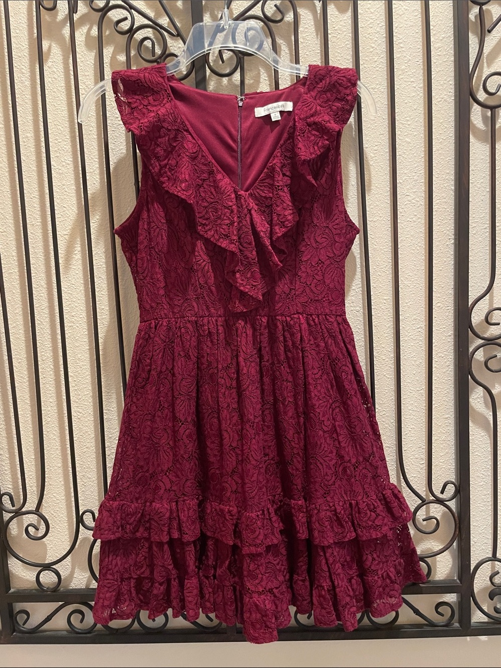 Francesca’s Burgundy Lace Ruffle V‑Neck Mini Dress